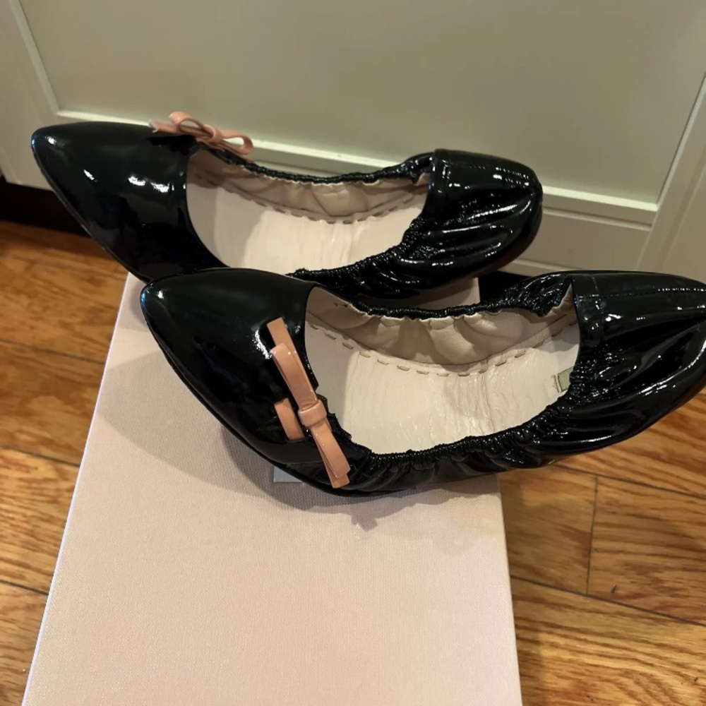 MIU MIU Vintage Womens 38 8 Pink Bow Black Leather Ballet Flats Slip On Shoes - Picture 5 of 6